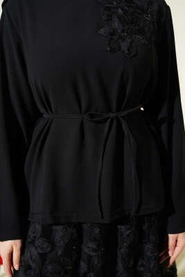 Tül Çiçekli Etekli İkili Takım Siyah - İkili Takım