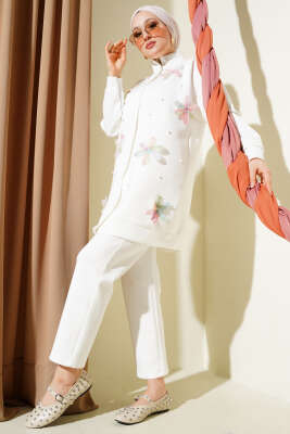 Tül Çiçekli Fermuarlı Scuba İkili Takım Ekru 