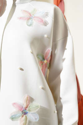 Tül Çiçekli Fermuarlı Scuba İkili Takım Ekru - İKİLİ TAKIM