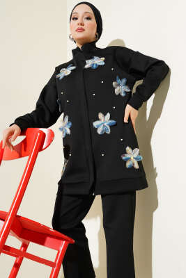 Tül Çiçekli Fermuarlı Scuba İkili Takım Siyah - İKİLİ TAKIM