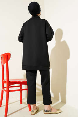 Tül Çiçekli Fermuarlı Scuba İkili Takım Siyah - İKİLİ TAKIM