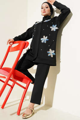 Tül Çiçekli Fermuarlı Scuba İkili Takım Siyah - İKİLİ TAKIM