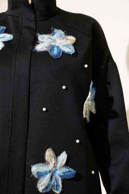 Tül Çiçekli Fermuarlı Scuba İkili Takım Siyah - İKİLİ TAKIM