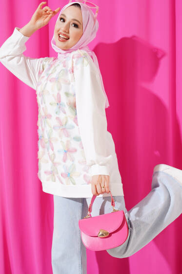 Tül Çiçekli İki İplik Tunik Beyaz - Tunik