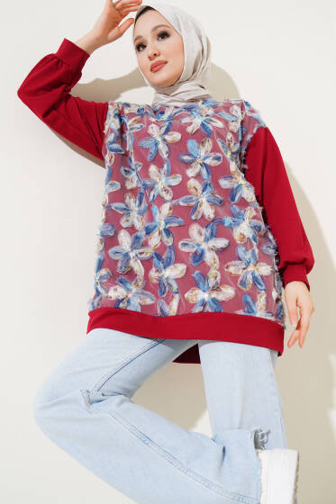 Tül Çiçekli İki İplik Tunik Bordo - Tunik