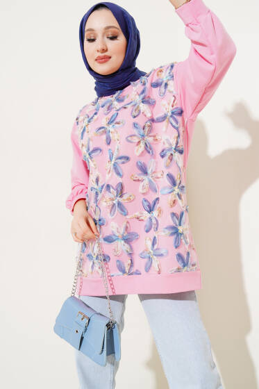 Tül Çiçekli İki İplik Tunik Pembe - Tunik