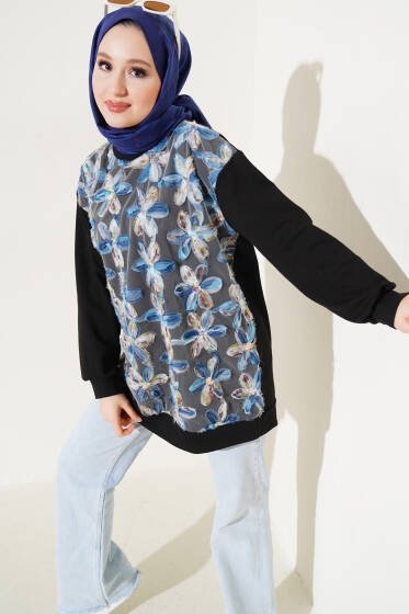 Tül Çiçekli İki İplik Tunik Siyah - Tunik