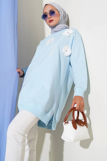 Tül Çiçekli İkili İplik Tunik Buz Mavisi - Tunik