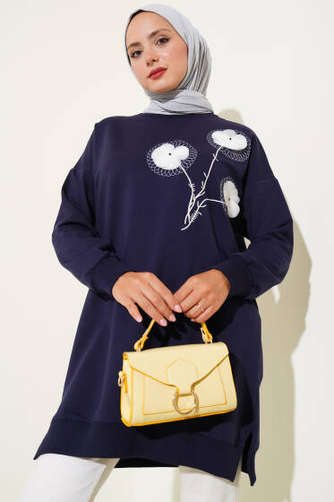 Tül Çiçekli İkili İplik Tunik Lacivert - Tunik