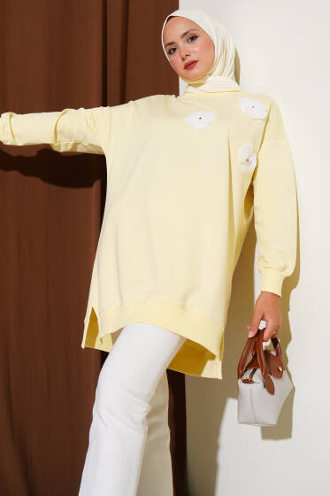 Tül Çiçekli İkili İplik Tunik Sarı - Tunik