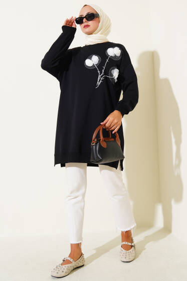 Tül Çiçekli İkili İplik Tunik Siyah - Tunik