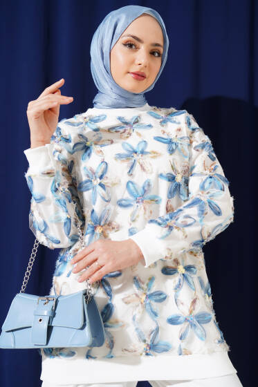 Tül Çiçekli İkili Takım İndigo - Yeni Tesettür Giyim