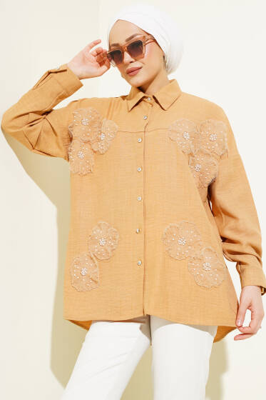 Tül Çiçekli İncili Keten Gömlek Camel - Gömlek