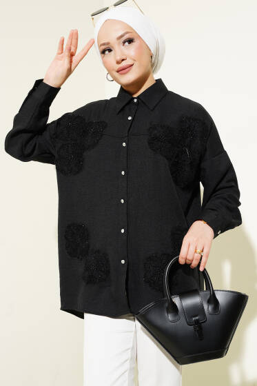 Tül Çiçekli İncili Keten Gömlek Siyah - Gömlek