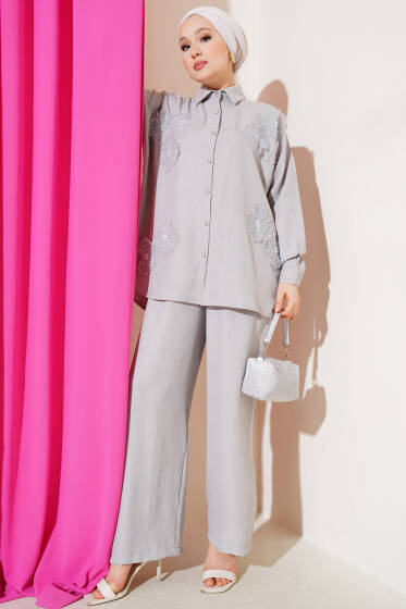 Tül Çiçekli İncili Salaş Keten İkili Takım Gri - İkili Takım