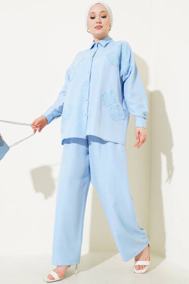 Tül Çiçekli İncili Salaş Keten İkili Takım Mavi - İkili Takım