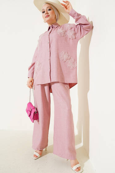 Tül Çiçekli İncili Salaş Keten İkili Takım Pudra - İkili Takım