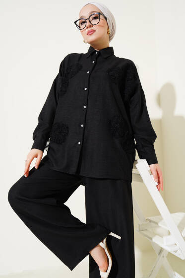 Tül Çiçekli İncili Salaş Keten İkili Takım Siyah - İkili Takım