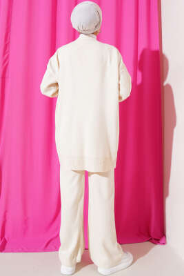 Tül Çiçekli İncili Triko İkili Takım Bej - Triko İkili Takım