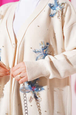 Tül Çiçekli İncili Triko İkili Takım Bej - Triko İkili Takım