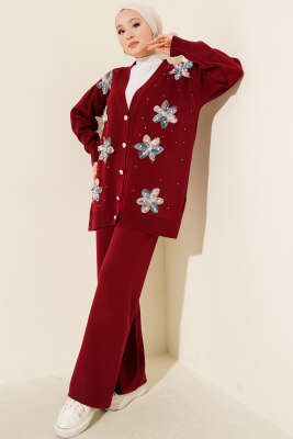 Tül Çiçekli İncili Triko İkili Takım Bordo - SUDE NAZ