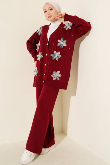 Tül Çiçekli İncili Triko İkili Takım Bordo - İkili Takım