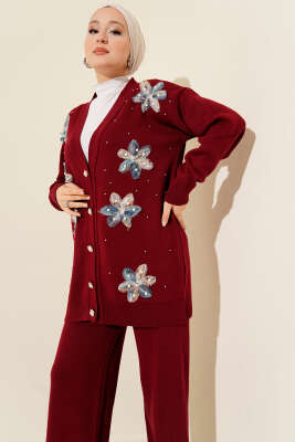 Tül Çiçekli İncili Triko İkili Takım Bordo - İkili Takım