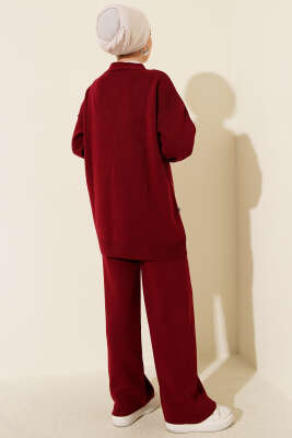 Tül Çiçekli İncili Triko İkili Takım Bordo - İkili Takım