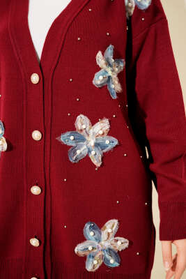 Tül Çiçekli İncili Triko İkili Takım Bordo - İkili Takım