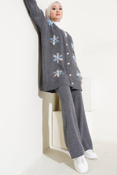 Tül Çiçekli İncili Triko İkili Takım Füme - İkili Takım