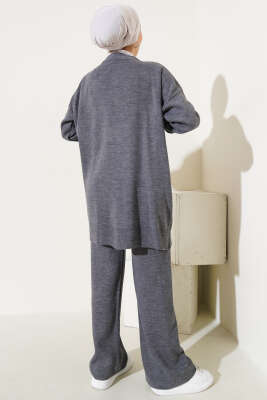 Tül Çiçekli İncili Triko İkili Takım Füme - Triko İkili Takım