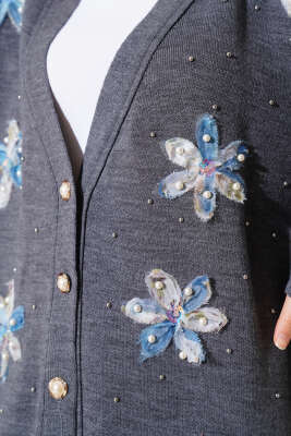 Tül Çiçekli İncili Triko İkili Takım Füme - Triko İkili Takım