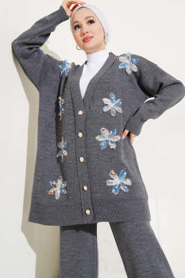 Tül Çiçekli İncili Triko İkili Takım Füme - Triko İkili Takım