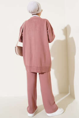 Tül Çiçekli İncili Triko İkili Takım Gül Kurusu - Triko İkili Takım