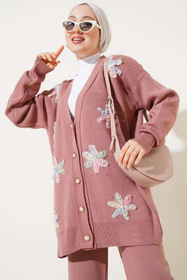 Tül Çiçekli İncili Triko İkili Takım Gül Kurusu - Triko İkili Takım