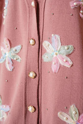 Tül Çiçekli İncili Triko İkili Takım Gül Kurusu - Triko İkili Takım