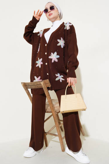 Tül Çiçekli İncili Triko İkili Takım Kahve - İkili Takım