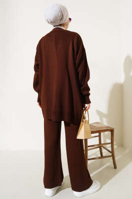 Tül Çiçekli İncili Triko İkili Takım Kahve - Triko İkili Takım