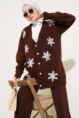 Tül Çiçekli İncili Triko İkili Takım Kahve - Triko İkili Takım