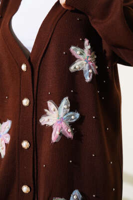 Tül Çiçekli İncili Triko İkili Takım Kahve - Triko İkili Takım