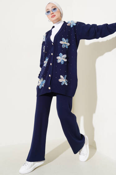 Tül Çiçekli İncili Triko İkili Takım Lacivert - İkili Takım