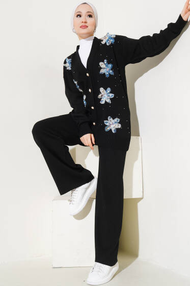 Tül Çiçekli İncili Triko İkili Takım Siyah - İkili Takım