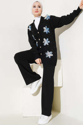 Tül Çiçekli İncili Triko İkili Takım Siyah - Triko İkili Takım