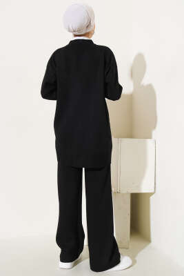 Tül Çiçekli İncili Triko İkili Takım Siyah - Triko İkili Takım