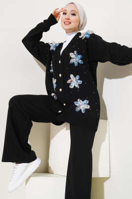Tül Çiçekli İncili Triko İkili Takım Siyah - Triko İkili Takım