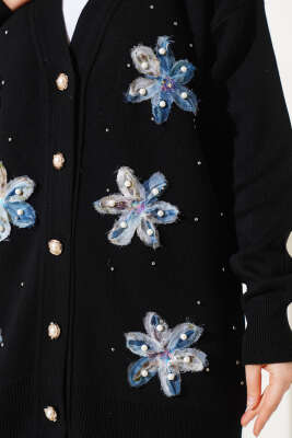 Tül Çiçekli İncili Triko İkili Takım Siyah - Triko İkili Takım