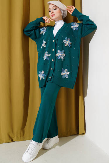 Tül Çiçekli İncili Triko İkili Takım Zümrüt - İkili Takım