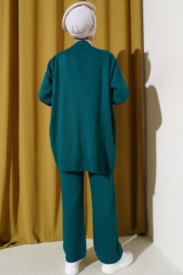 Tül Çiçekli İncili Triko İkili Takım Zümrüt - Triko İkili Takım