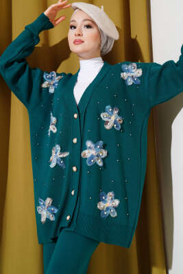 Tül Çiçekli İncili Triko İkili Takım Zümrüt - Triko İkili Takım