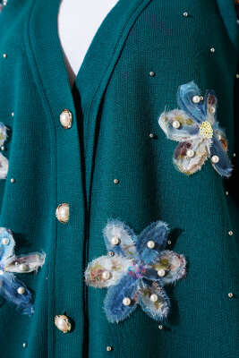 Tül Çiçekli İncili Triko İkili Takım Zümrüt - Triko İkili Takım